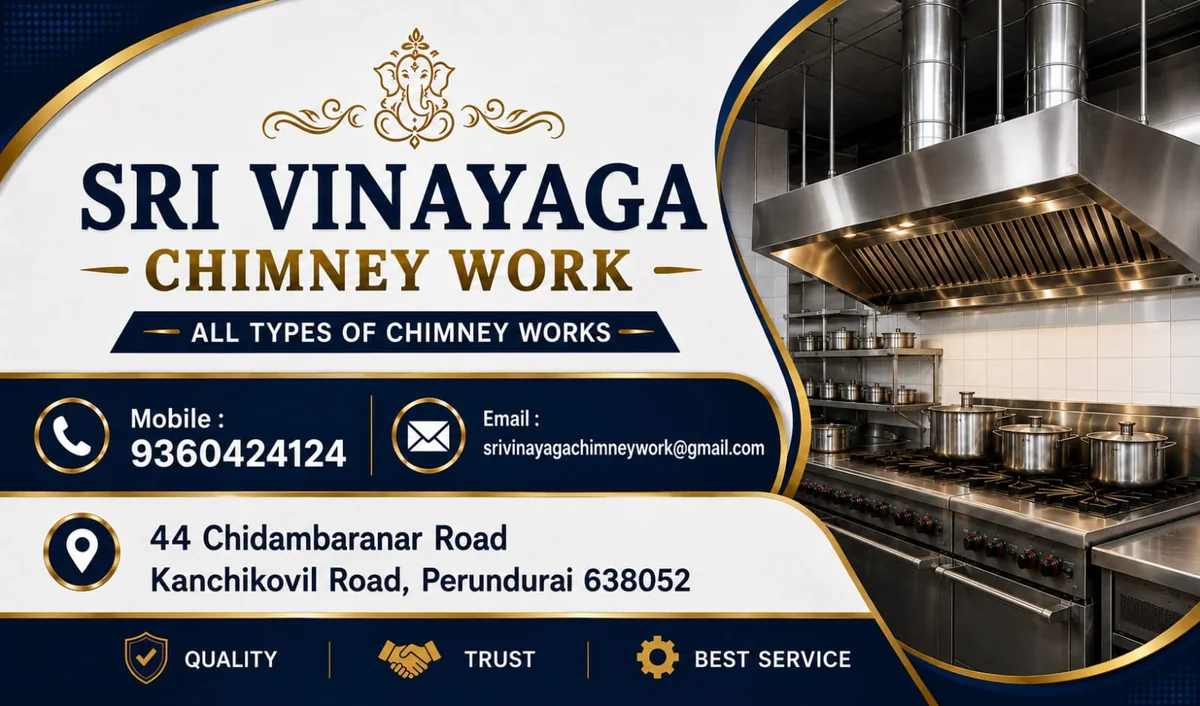 Sri Vinayaga Chimney Work visiting card showing mobile number, email and workshop address